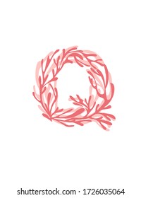 Letter Q pink colored seaweeds underwater ocean plant sea coral elements flat vector illustration on white background