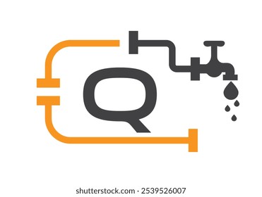 Letter Q Plumber Logo Design Vector Template Concept With Pipe And Water Symbol