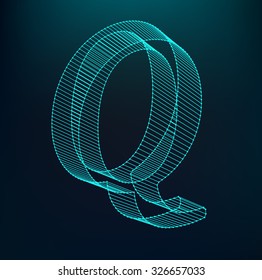 The letter Q. Polygonal letter. Low poly model. The three-dimensional mesh. Volume mesh character