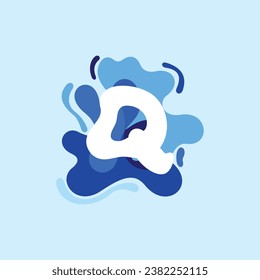 Letter Q pure water logo. Swirling overlapping shape with splashing drops.