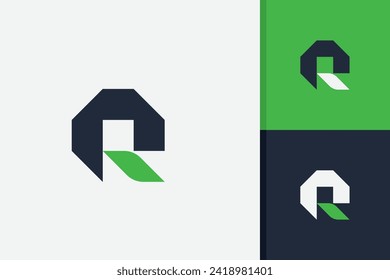 letter q or r with green leaf logo design vector template