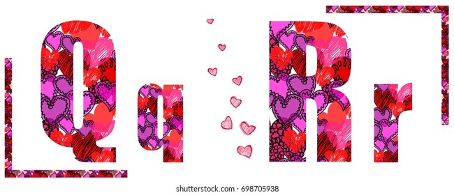 Letter Q and R made of hearts on white background, vector