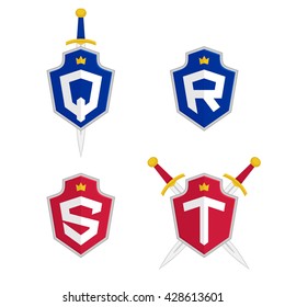 Letter Q, R, S, T vector sign templates with shield and sword. Luxury safety logo.
