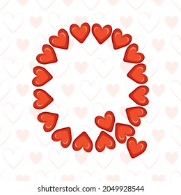 Letter Q from red hearts on seamless pattern with love symbol. Festive font or decoration for valentine day, wedding, holiday and design