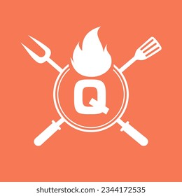 Letter Q Restaurant Logo with Grill Fork and Spatula Icon. Hot Grill Symbol