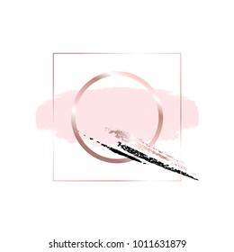 Letter Q in a rose gold frame on a white background and gentle pastel colors brush strokes. Monogram. Logo. 