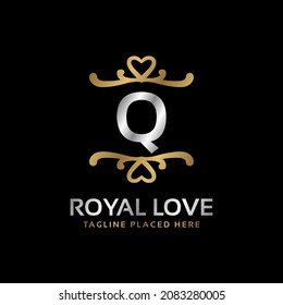 letter Q royal heart shape luxury vintage logo design for fashion, hotel, wedding, restaurant, beauty care