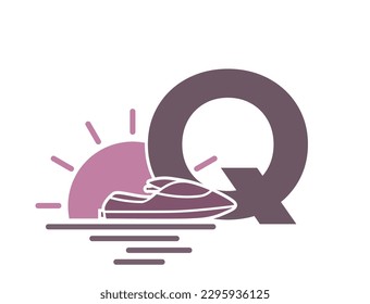 letter q with sea, sun and jet ski. vacation alphabet logotype. summer and exotic tourism design. isolated vector color image