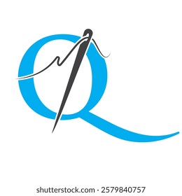 Letter Q Sewing Needle Logo Design for Embroider, Textile, Fashion, Cloth, Fabric Symbol