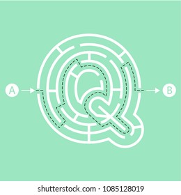 Letter Q shape Maze Labyrinth, maze with one way to entrance and one way to exit. Flat design, vector illustration.