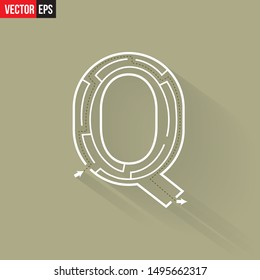 Letter Q shape Maze Labyrinth, maze with one way to entrance and one way to exit. Flat design, vector illustration.