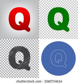 Letter Q sign design template element. Vector. 4 styles. Red gradient in radial lighted background, green flat and gray scribble icons on transparent and linear one in blue circle.