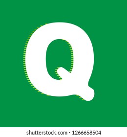 Letter Q sign design template element. Vector. White flat icon with yellow striped shadow at green background.