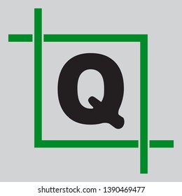 Letter Q sign design template element. Black icon inside green crop tool at light gray background