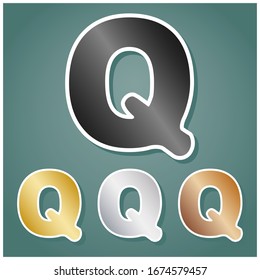 Letter Q sign design template element. Set of metallic Icons with gray, gold, silver and bronze gradient with white contour and shadow at viridan background. Illustration.