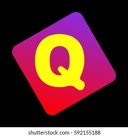 Letter Q sign design template element. Vector. Yellow icon at violet-red gradient square with rounded corners rotated for dynamics on black background.