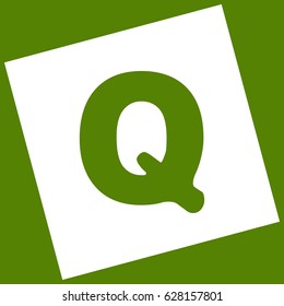 Letter Q sign design template element. Vector. White icon obtained as a result of subtraction rotated square and path. Avocado background.