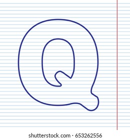 Letter Q sign design template element. Vector. Navy line icon on notebook paper as background with red line for field.
