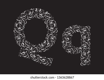 the letter Q from silver vignettes  on a black background. vector illustration. EPS 8.