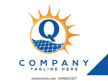 Letter Q with solar panel and sun sign Logo Design Vector Template.