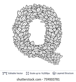 Letter Q symbol of white leaves.Outline shape isolated on white. Vector icon easy to edit.