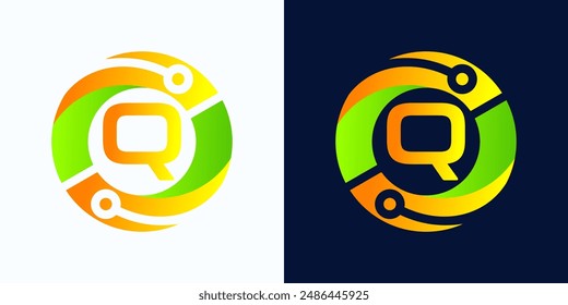 Letter Q technology logo with circles and circuit board lines with letter Q inside for digital, data, connection in green and orange gradient colors