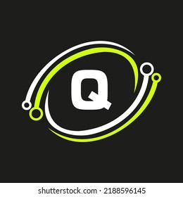 Letter Q Technology Logo Combine with Technology Cable Vector Template