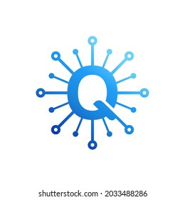 Letter q technology logo designs, Letter q connect dot network logo design vector.