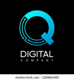 Letter Q technology logo. Font digital vector design for industry with dot and blue color. Modern style with gradient. This logo is also suitable for machine business.