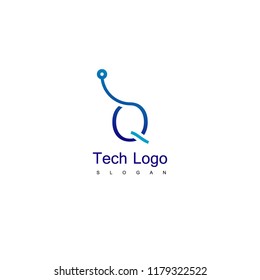 Letter Q Technology Logo, Outline Icon With Circuit Symbol