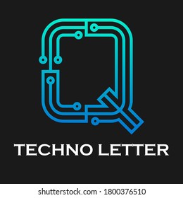 Letter q technology logo template. Technology abstarct dot and gradient blue color. suitable for industry, web, computer, network, app, mobile, medical media, electric, energy etc