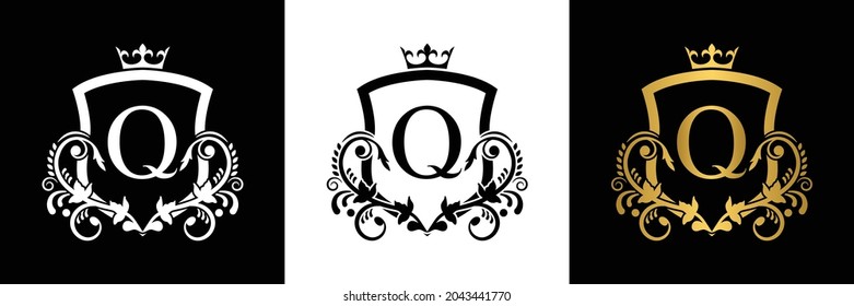 Letter q template logo shield letter with crown. alphabet . Beautiful royal initials letter.

