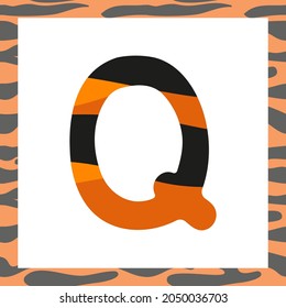 Letra Q con patrón tigre. Fuente festiva y marco de naranja con alfabeto de rayas negras, símbolo para Año Nuevo y Navidad