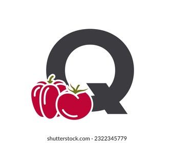 letter q with tomato and bell pepper. vegetable alphabet logotype. harvest and agriculture design. isolated vector color image
