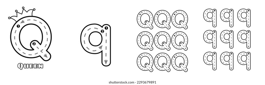 Letter Q trace uppercase and lowercase ABC alphabet worksheet for kids English vocabulary. Handwriting tracing practice vector illustration. svg