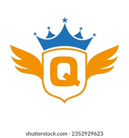 Letter Q Transportation Logo With Wing, Shield And Crown Icon. Wing Logo On Shield Symbol