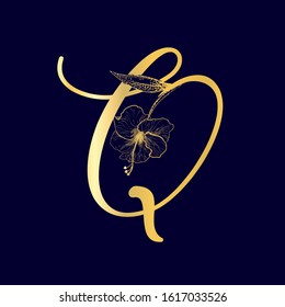 Letter Q. Uppercase  with decorative floral elements. Alphabet initials golden sign isolated on dark blue background. Elegant, luxury, wedding, boutique style.
