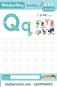 Letter Q uppercase and lowercase cute children colorful ABC alphabet trace practice worksheet for kids learning English vocabulary and handwriting layout in A4 vector illustration.