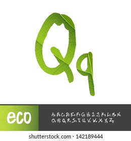 Letter Q, Uppercase And Lowercase Variants. Green leaf textured alphabet, vector.