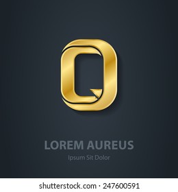 Letter Q. Vector elegant gold font. Template for company logo. Metallic 3d Design element or icon.