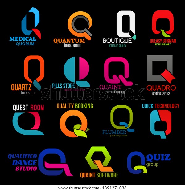 Letter Q vector icons or corporate business\
identity and company brand. Q icons of medical quorum, invest and\
trade group or premium boutique and hotel resort, dance sport\
studio or booking\
service