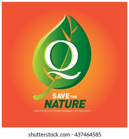 Letter Q vector logo and icon save the nature. Go green poster design. Ecology campaign publication