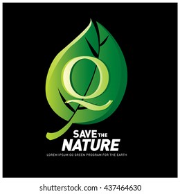 Letter Q vector logo and icon save the nature. Go green poster design. Ecology campaign publication