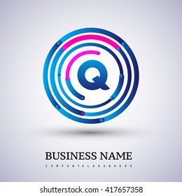 Letter Q vector logo symbol in the circle thin line colored blue and red. Design for your business or company identity.