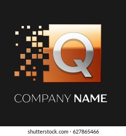 Letter Q vector logo symbol in the colorful square with shattered blocks on black background. Vector template for your design
