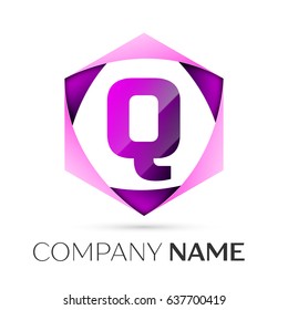 Letter Q vector logo symbol in the colorful hexagonal on grey background. Vector template for your design