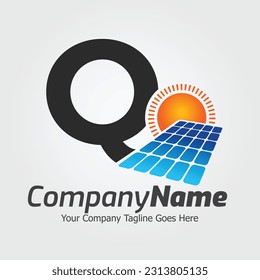 Plantilla del logotipo del vector de la letra Q, logotipo de la letra colorida Q, diseño del logotipo de la energía solar, logotipo del panel solar, energía renovable, marca de energía solar