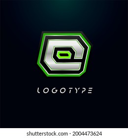 Letter Q for video game logo and super hero monogram. Sport gaming emblem, bold futuristic letter with sharp angles and green outline. Tilted sharp letter type on black background