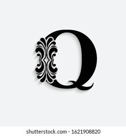 letter Q. Vintage black flower ornament initial letters.  Alphabet with shadow. Logo vector 