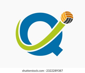 Letter Q Volleyball Logo Concept With Moving Volley Ball Icon. Volleyball Sports Logotype Template